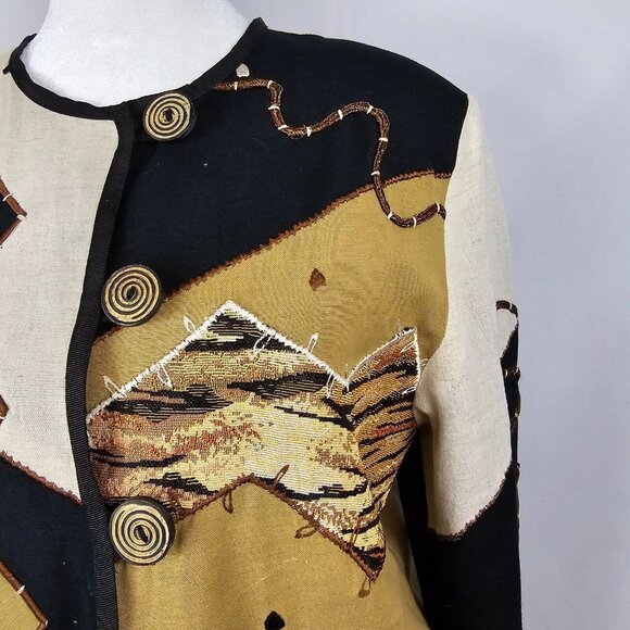 VTG Grandmacore Patchwork Retro Bold Abstract Cheetah Gold Black Cardigan S - Picture 7 of 15